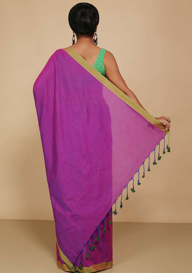 Magenta Embroidered Cotton Saree Set for Diwali and Festive Wear - Indya