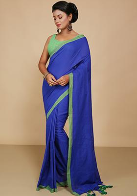 Blue Embroidered Cotton Saree Set