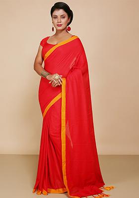 Red Embroidered Cotton Saree Set