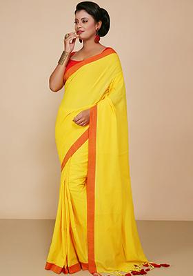 Yellow Embroidered Cotton Saree Set