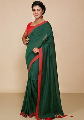 Green Embroidered Cotton Saree Set