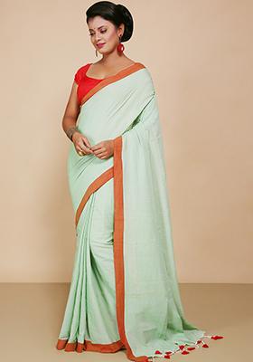 Sky Blue Embroidered Cotton Saree Set