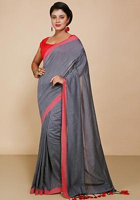 Black Embroidered Cotton Saree Set