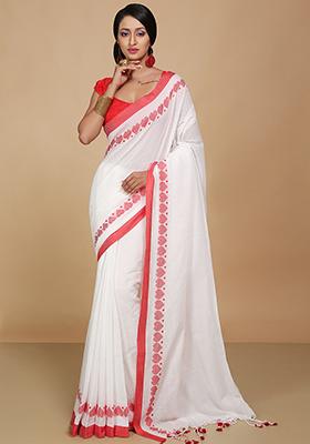 White Embroidered Art Silk Saree Set