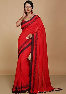 Red Embroidered Art Silk Saree Set