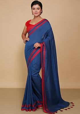 Turquoise Embroidered Art Silk Saree Set