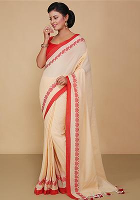 White Embroidered Art Silk Saree Set