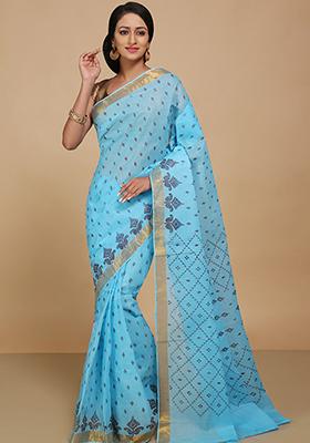 Turquoise Printed Cotton Saree