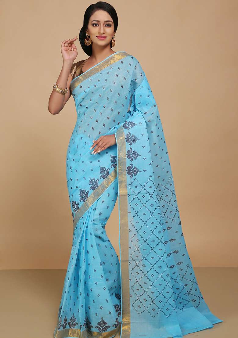 Turquoise Cotton Saree with Printed for Diwali | Wedding & Festive Wear - Indya