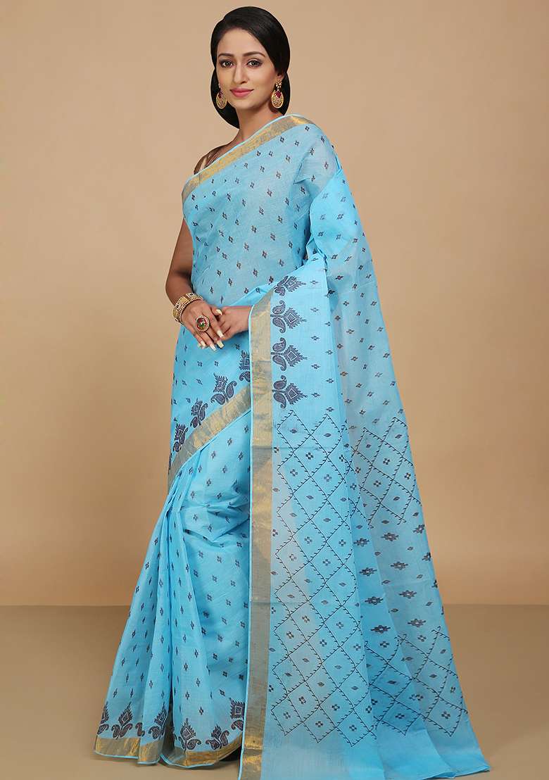Turquoise Cotton Saree with Printed for Diwali | Wedding & Festive Wear - Indya