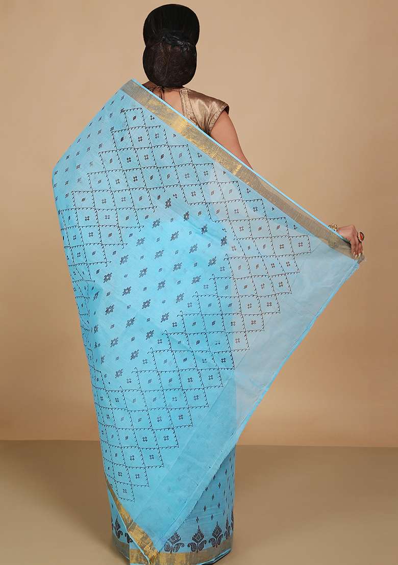 Turquoise Cotton Saree with Printed for Diwali | Wedding & Festive Wear - Indya