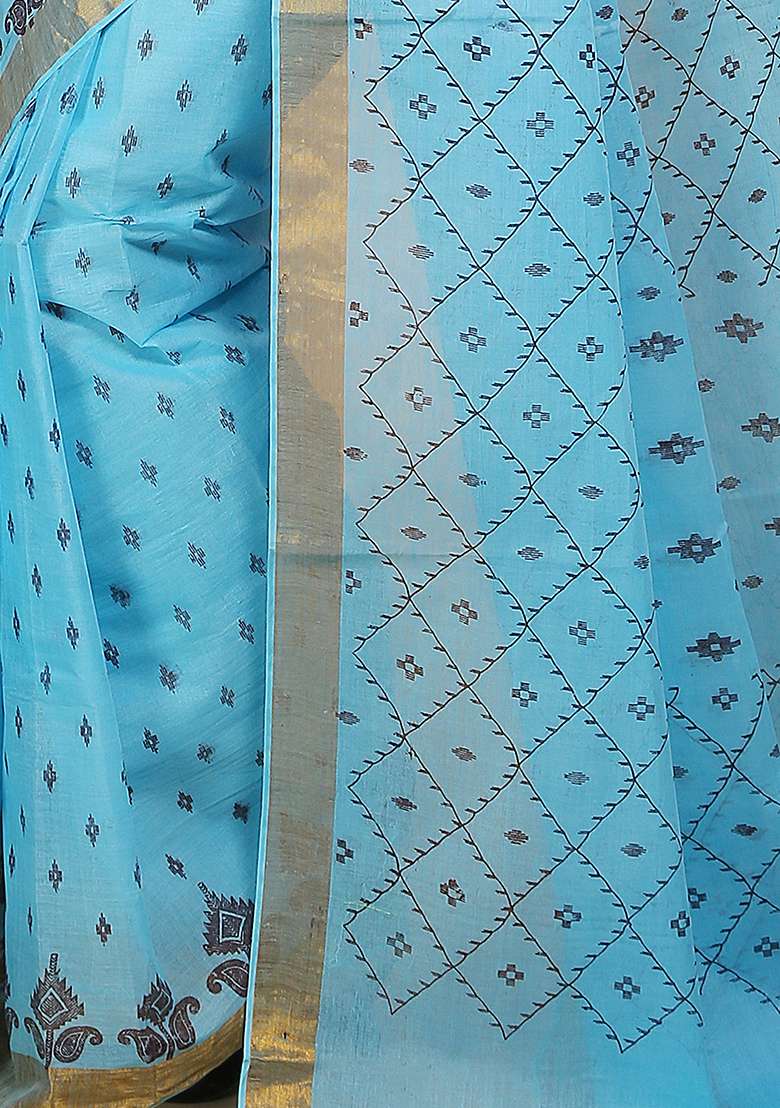 Turquoise Cotton Saree with Printed for Diwali | Wedding & Festive Wear - Indya