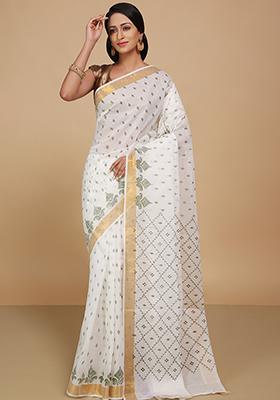White Printed Cotton Saree