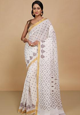 White Printed Cotton Saree