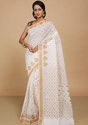 White Printed Cotton Saree