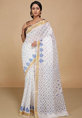 White Printed Cotton Saree