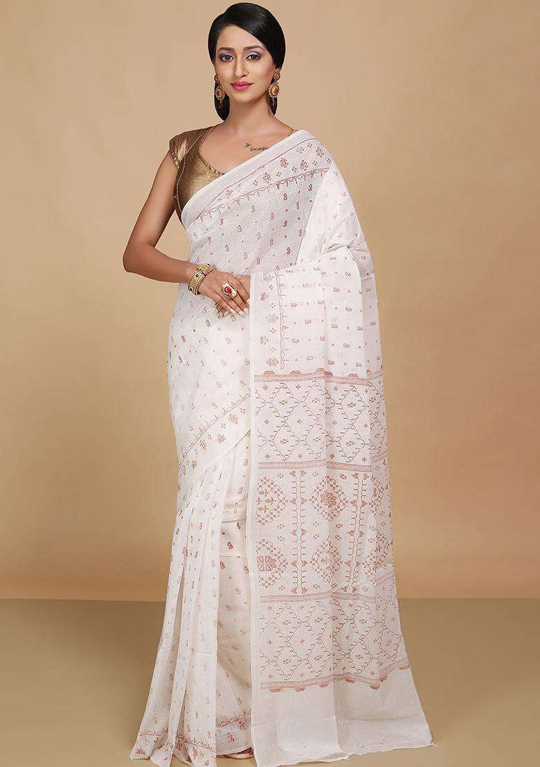 White Printed Cotton Saree