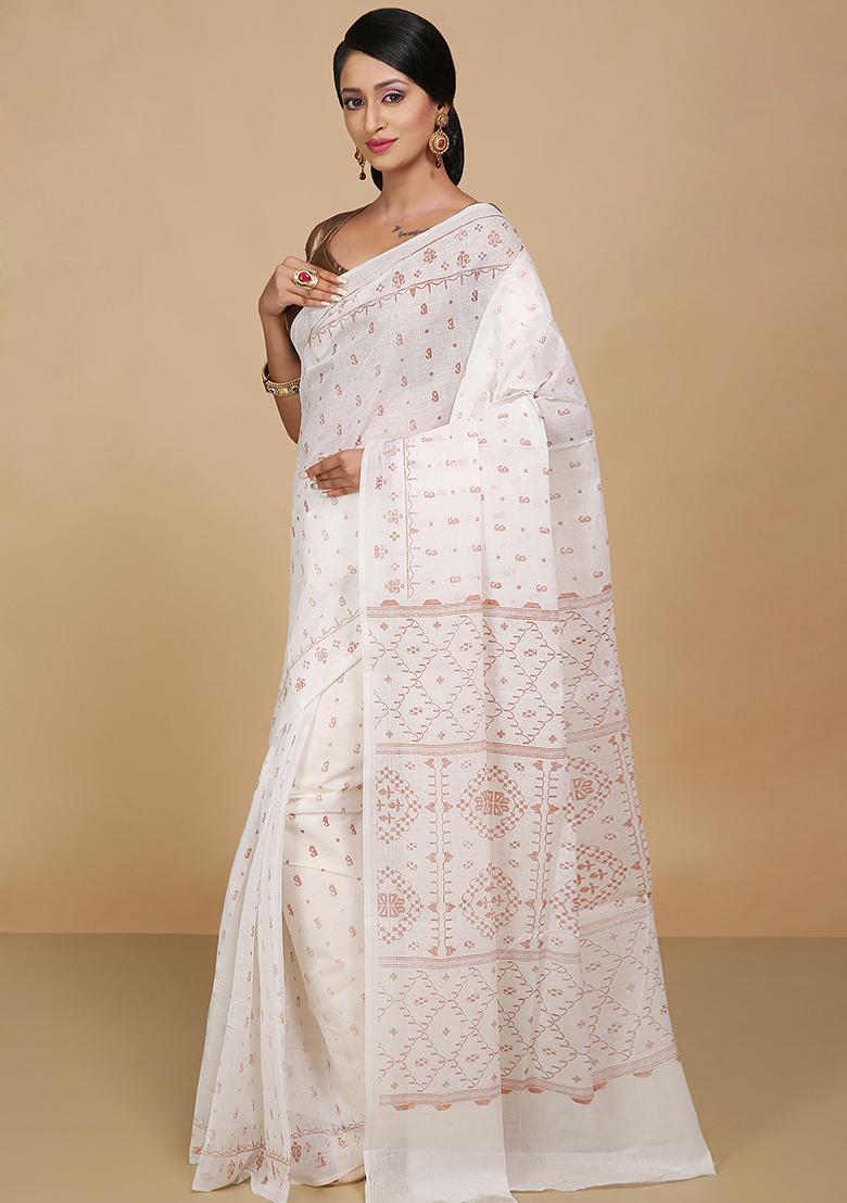 White Printed Cotton Saree