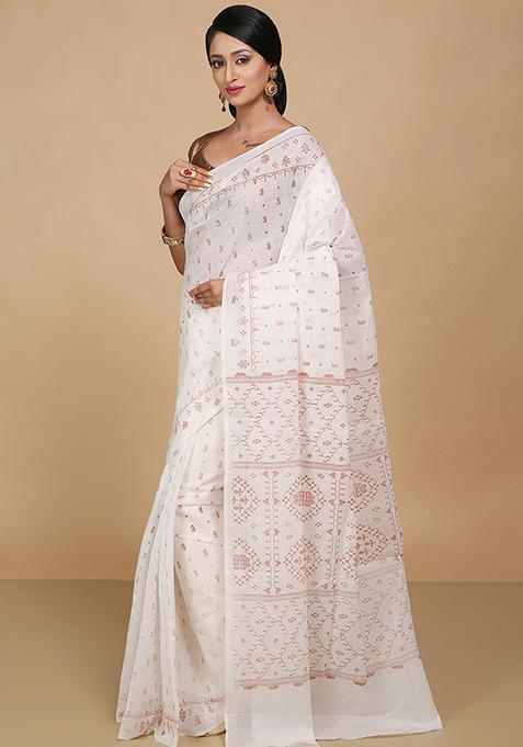 White Printed Cotton Saree