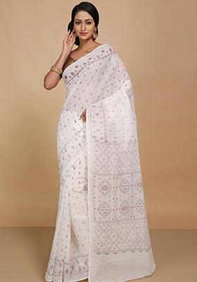 White Printed Cotton Saree