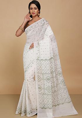 White Printed Cotton Saree