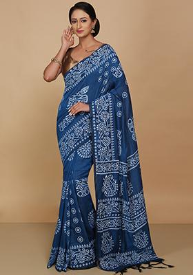 Turquoise Printed Cotton Saree Set