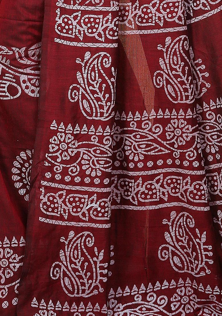 Maroon Printed Cotton Saree Set - Indya