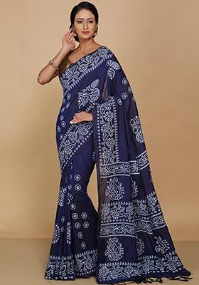 Blue Printed Cotton Saree Set