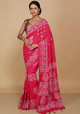 Red Printed Cotton Saree Set