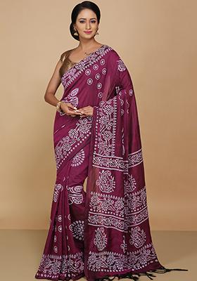 Magenta Printed Cotton Saree Set