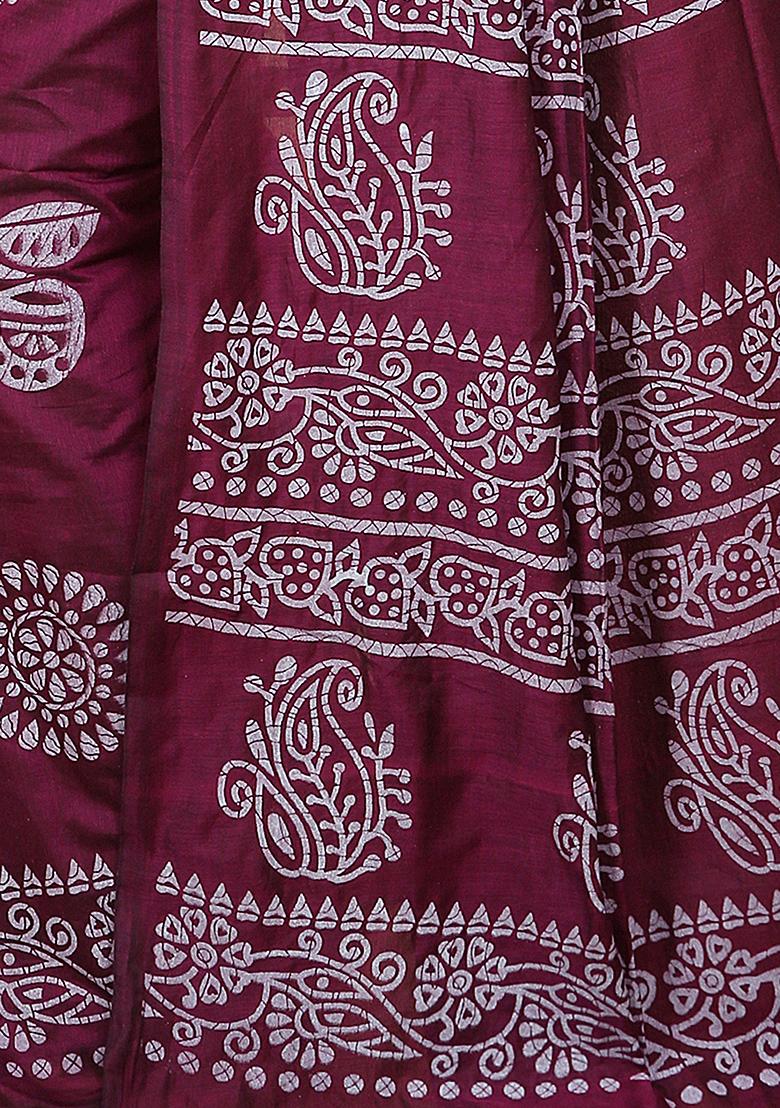 Magenta Printed Cotton Saree Set - Indya