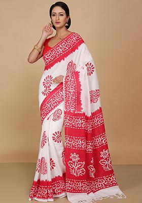 White Printed Cotton Saree Set