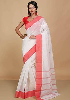 White Printed Cotton Saree