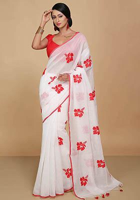 White Embroidered Art Silk Saree Set