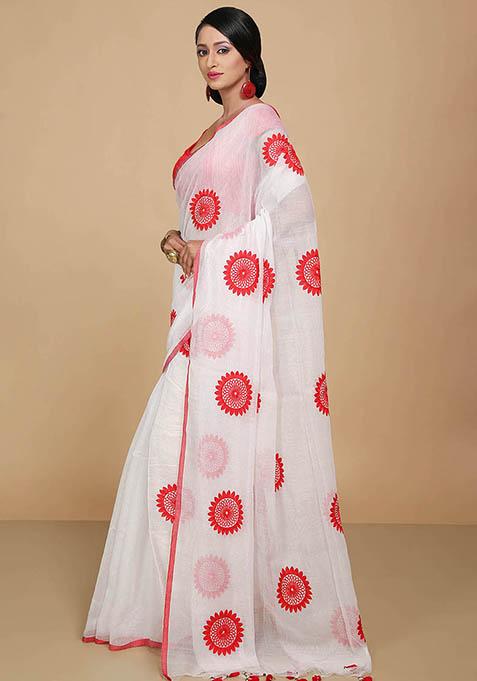 White Embroidered Art Silk Saree Set
