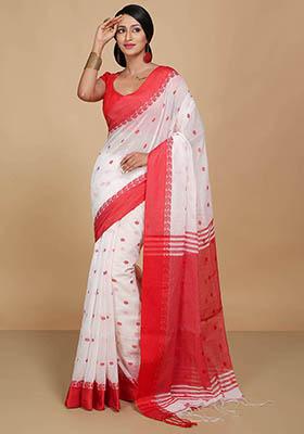 White Embroidered Art Silk Saree Set
