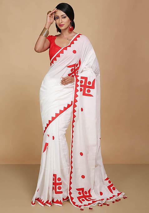 White Embroidered Art Silk Saree Set