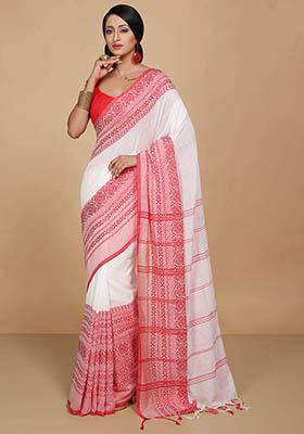 White Embroidered Art Silk Saree Set