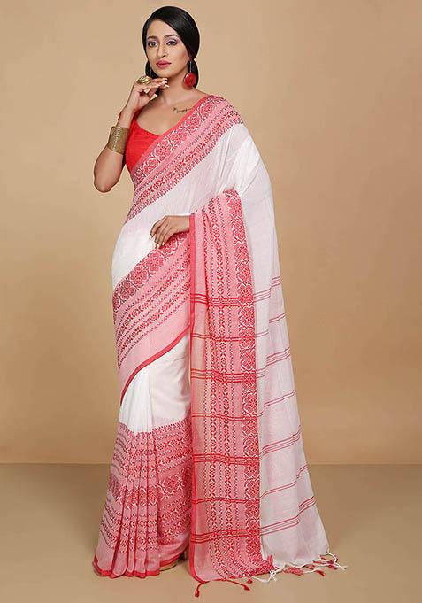 White Embroidered Art Silk Saree Set