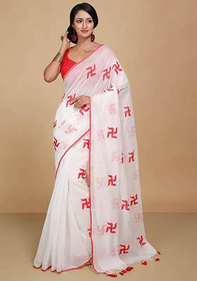 White Embroidered Art Silk Saree Set