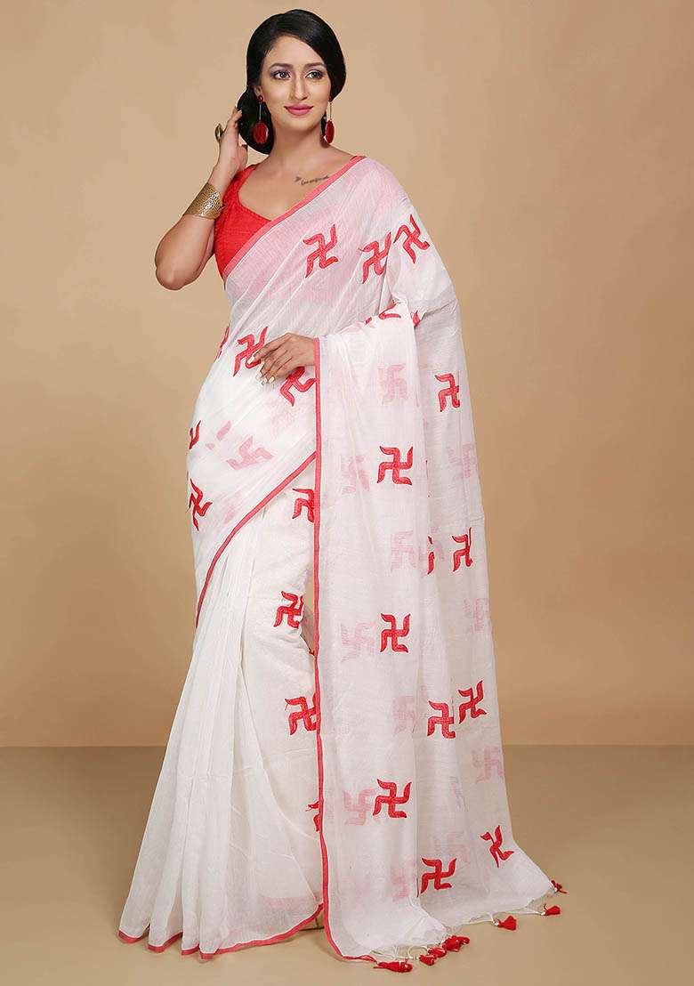 White Embroidered Art Silk Saree Set - Indya