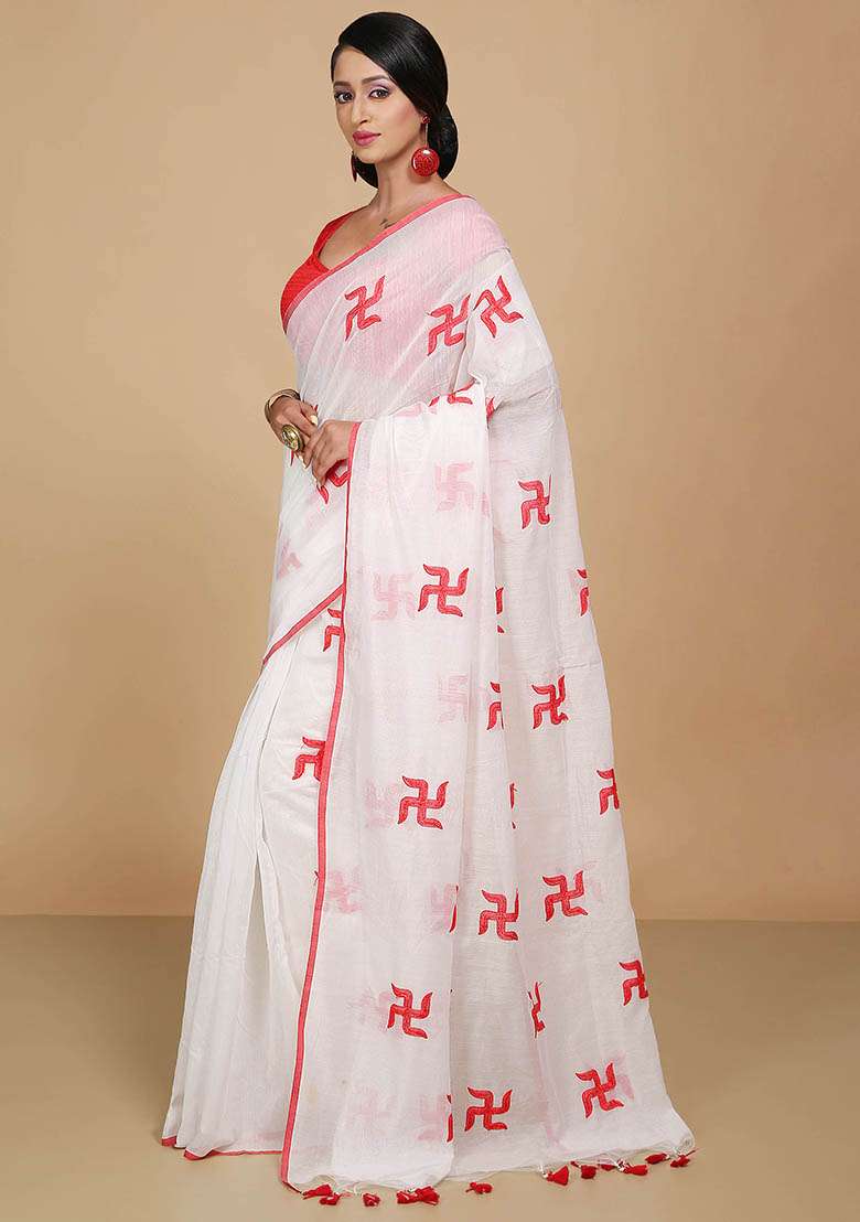 White Embroidered Art Silk Saree Set - Indya