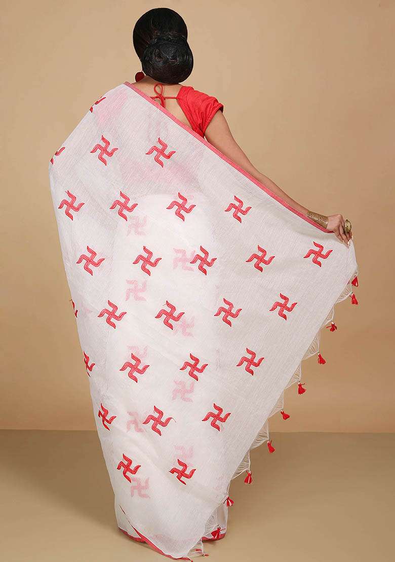 White Embroidered Art Silk Saree Set - Indya