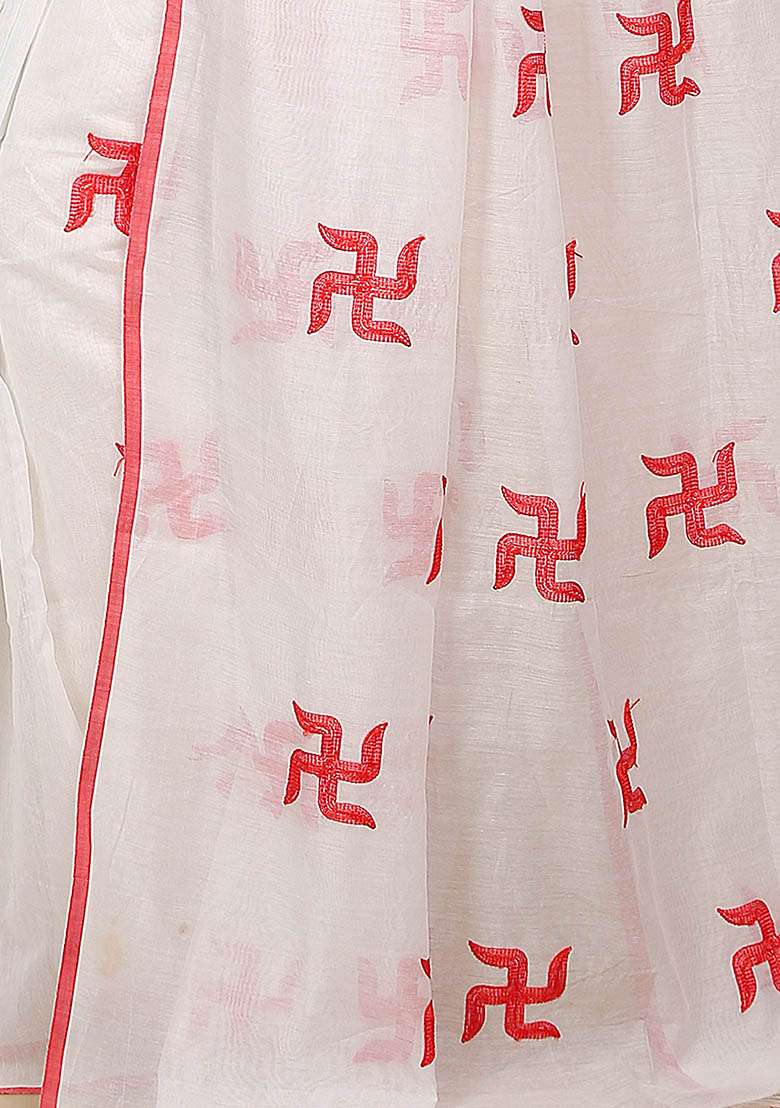 White Embroidered Art Silk Saree Set - Indya