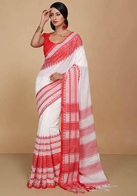 White Embroidered Art Silk Saree Set