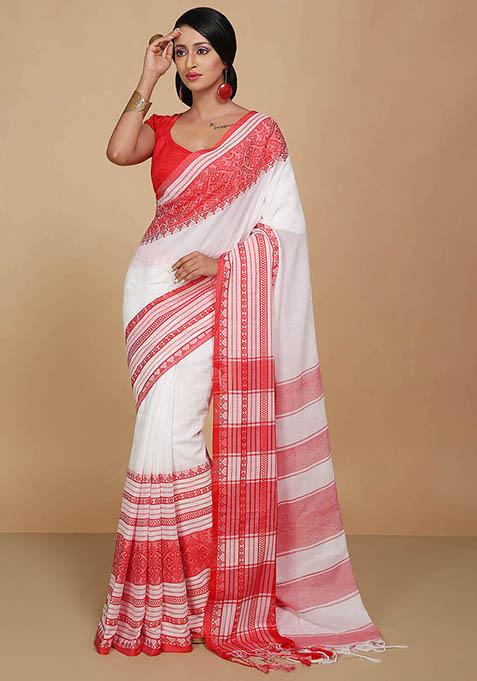 White Embroidered Art Silk Saree Set