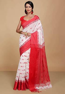 White Embroidered Art Silk Saree Set