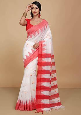 White Embroidered Art Silk Saree Set