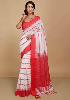 White Embroidered Art Silk Saree Set