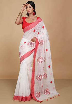 White Embroidered Art Silk Saree Set